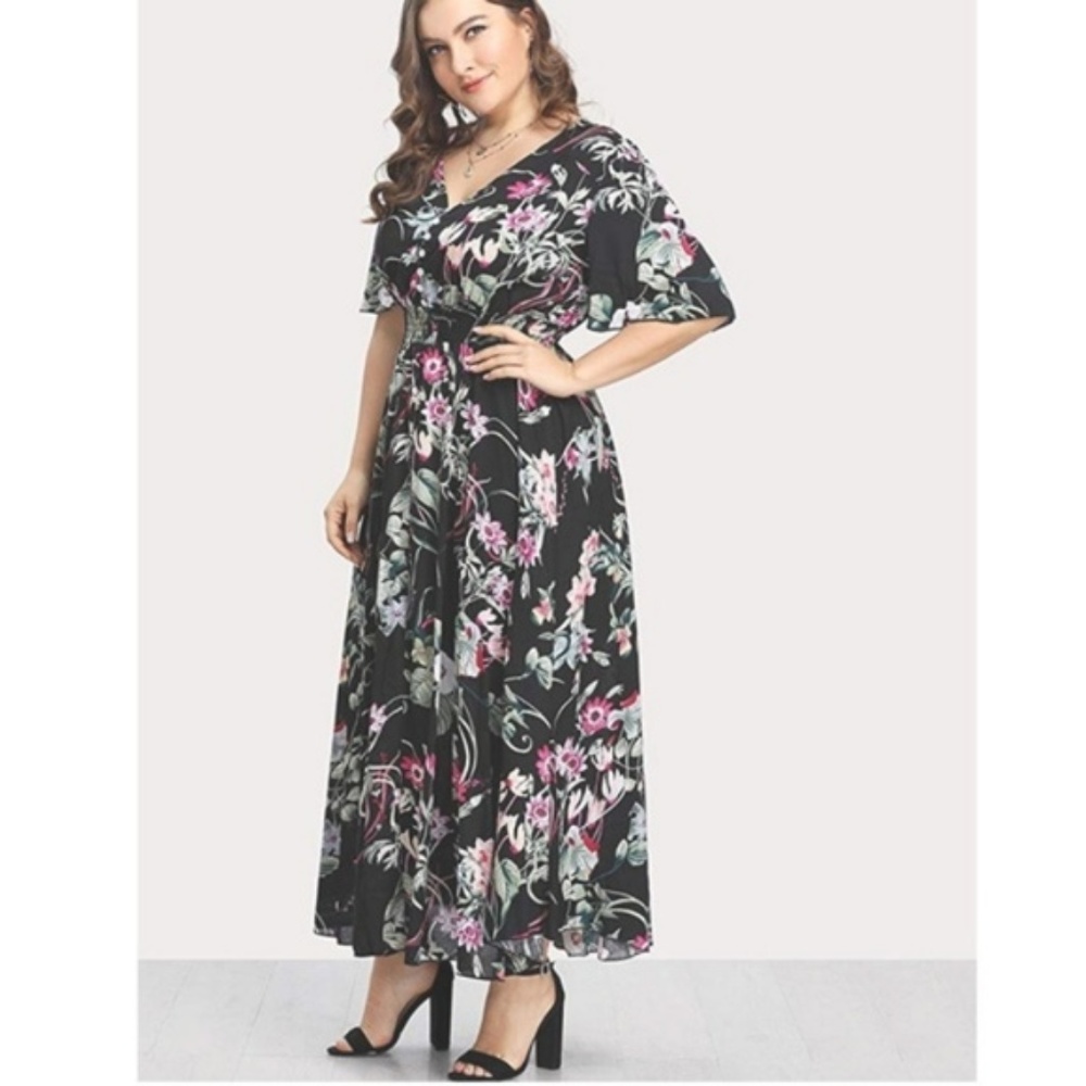 NWT Floral Button Down PLUS Maxi Chiffon Dress - Picture 2 of 5